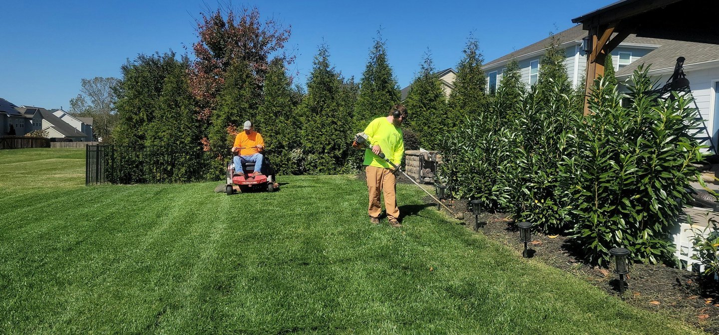 Two professional landscapers at work on a striped backyard