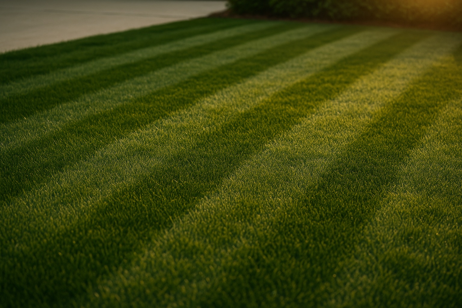 Close-up of a freshly mowed front lawn with parallel cut stripes at golden hour.