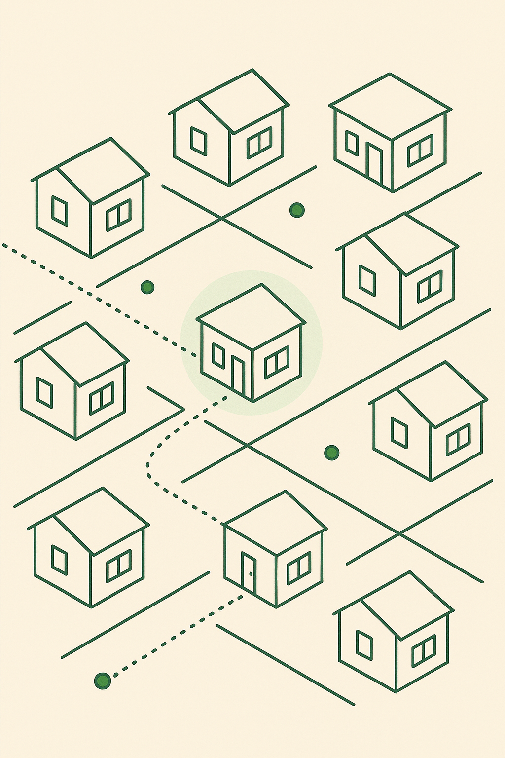 Illustration of suburban homes on a routed street grid with one home highlighted.