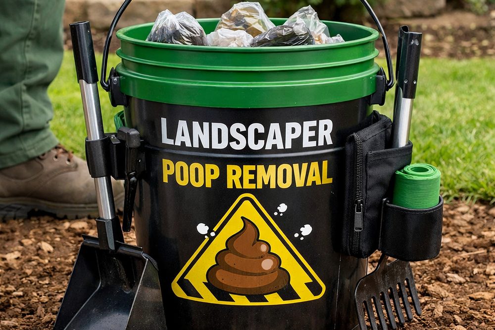 A Plowz and Mowz pro's pet-waste removal kit at a backyard cleanup, with collection bucket, scoop, and bagged pickups.