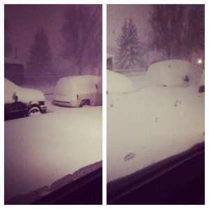 cars covered in lots of snow in road
