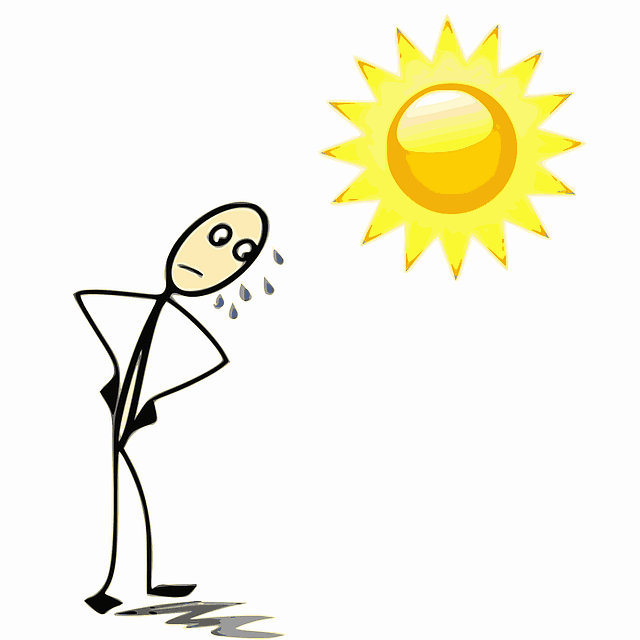 A drawing of a cartoon stick figure man sweating under a cartoon sun.