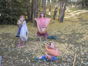 kids cleaning up leaves in the yard